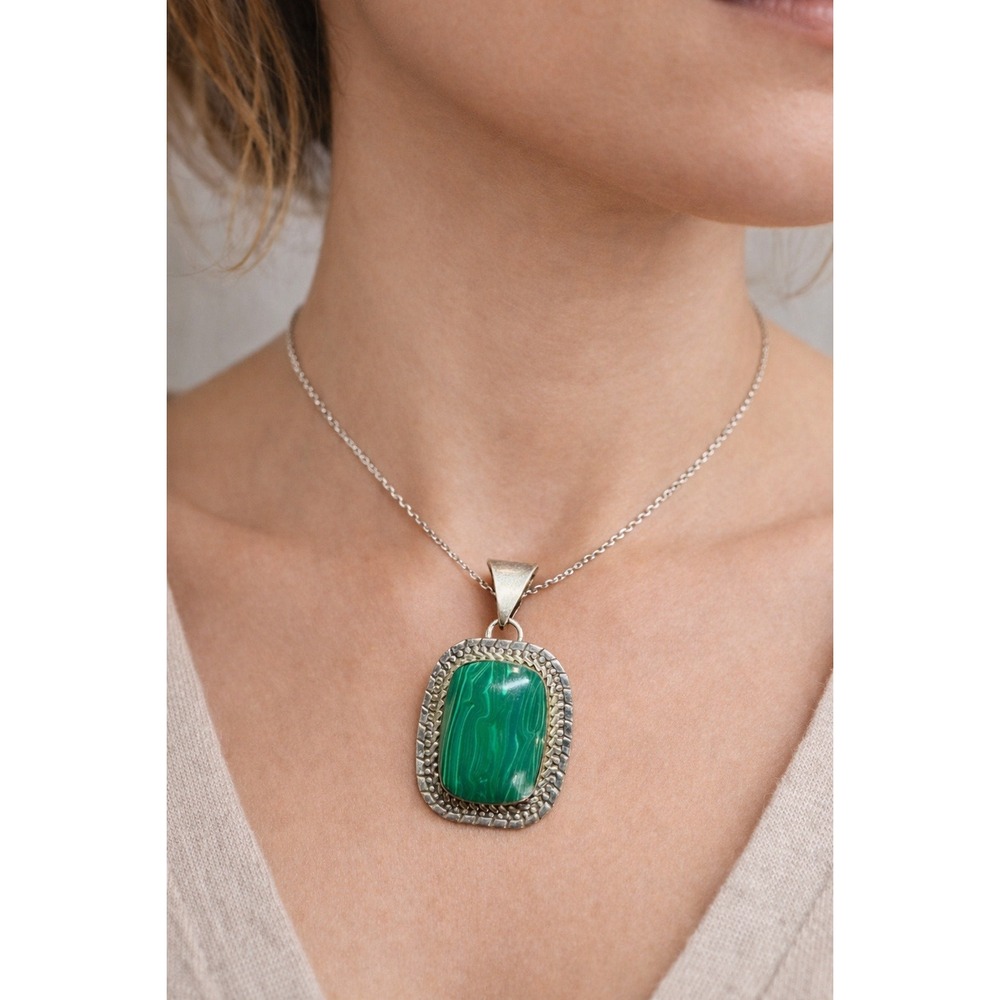 Vintage Malachite Pendant 925 Sterling Silver Mexico Large Statement 2"